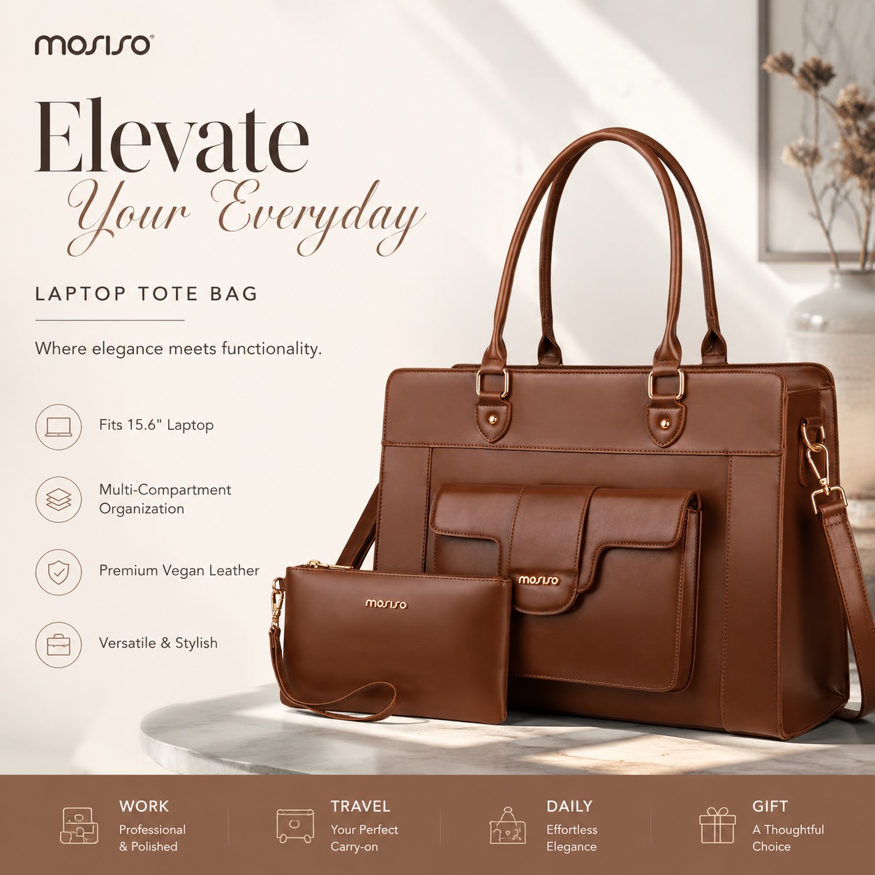 Leather Work Laptop Bag - MOSISO Laptop Tote Bag for Women